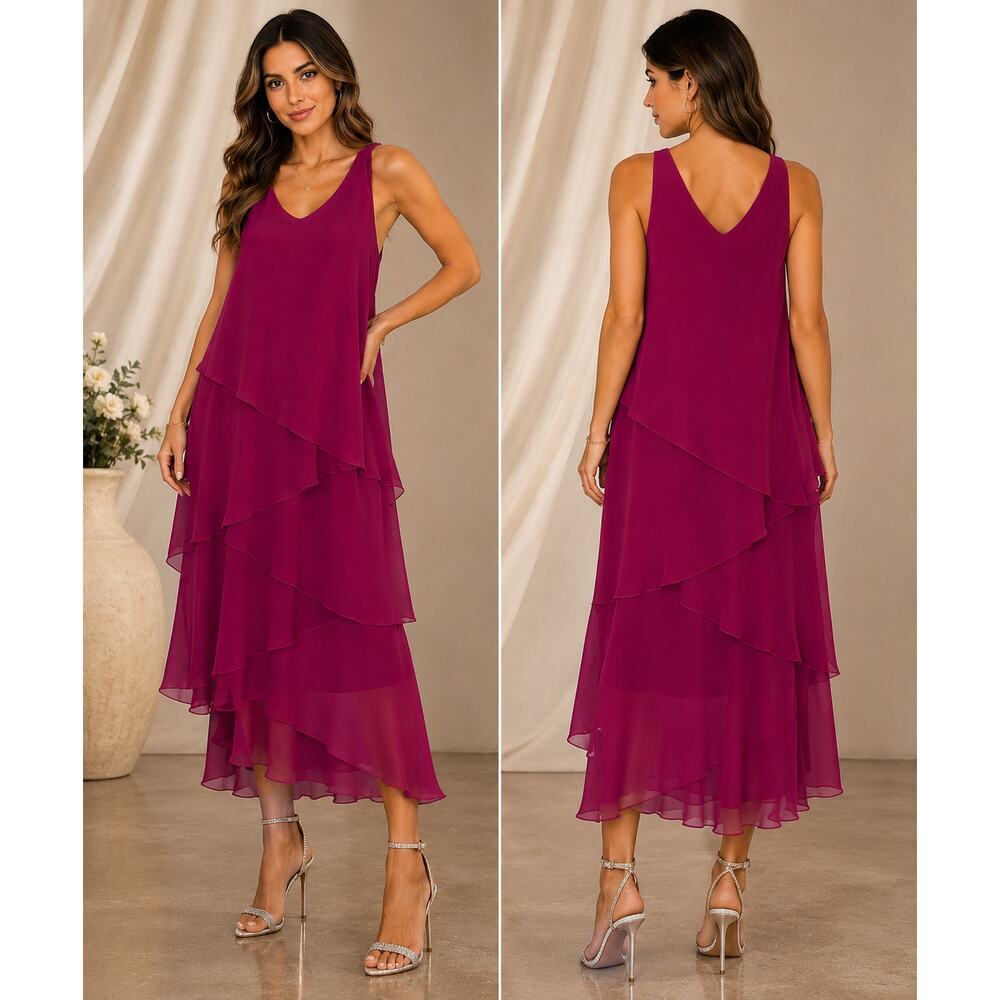 Ursala of Switzerland Fuchsia Tiered Chiffon Midi Dress Size 10 Elegant Occasion